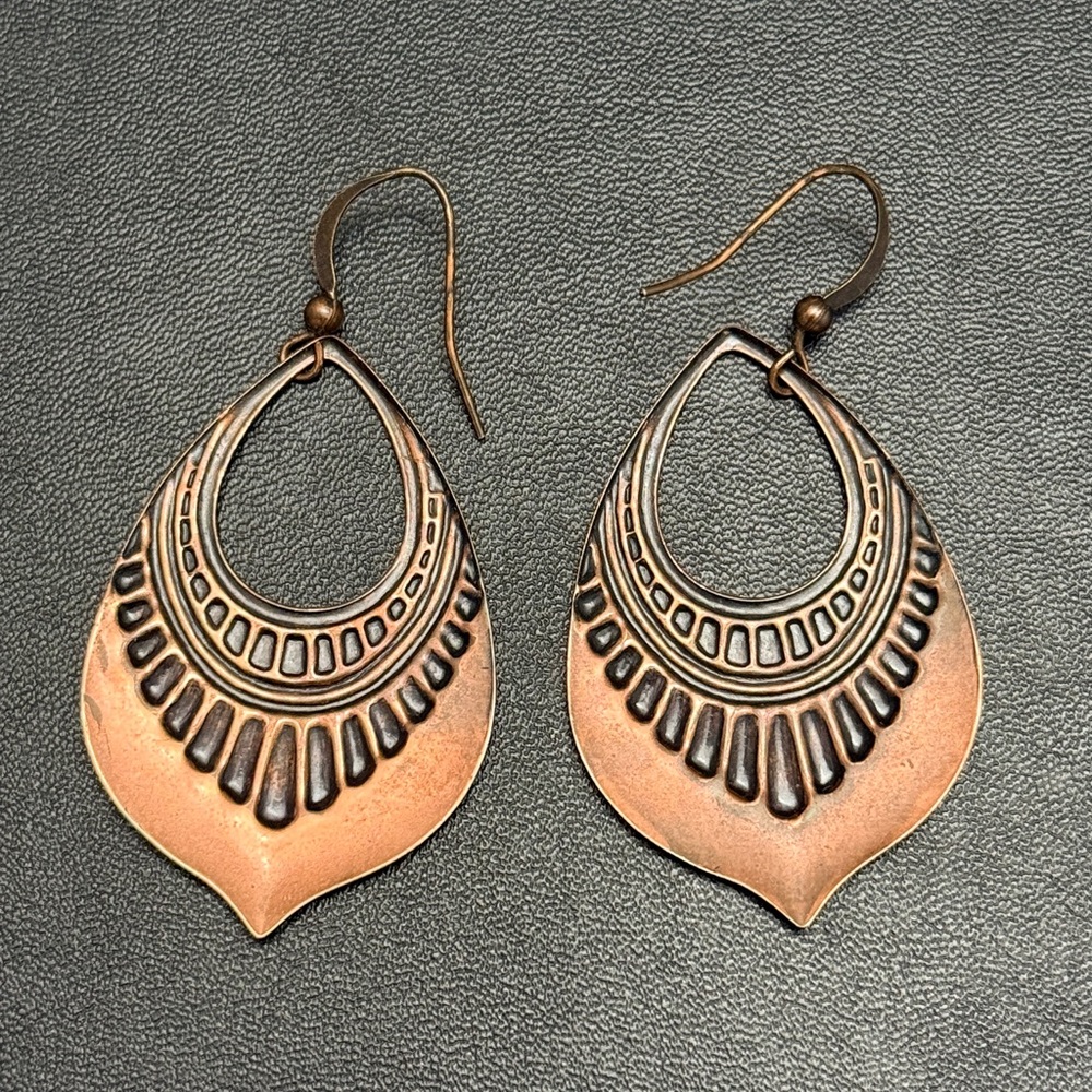 Embossed Copper Boho Earrings - Picture 3 of 3